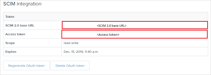 [S C I M integration]\(S C I M 統合\) ページのスクリーンショット。[Token]\(トークン\) テーブルの [S C I M 2.0 base U R L]\(S C I M 2.0 ベース U R L\) と [アクセス トークン] の横にある値が強調表示されています。