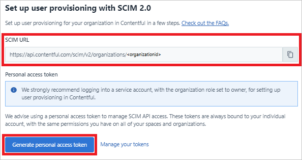 個人用アクセス トークンを生成するための SCIM URL を示すスクリーンショット。