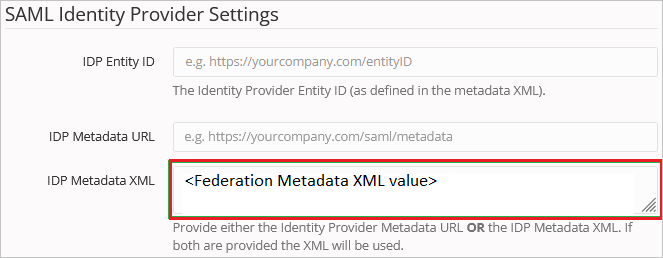 IDP メタデータ XML を示すスクリーンショット。
