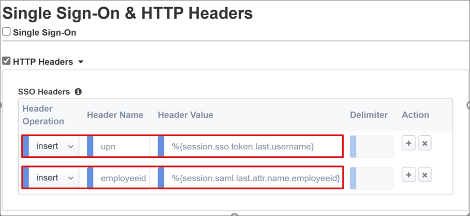 SSO と HTTP ヘッダーのスクリーンショット。