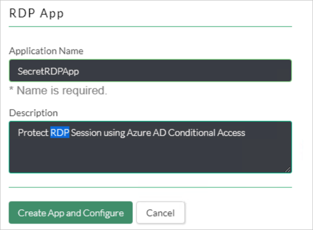 [RDP App]\(RDP アプリ\) ダイアログのスクリーンショット。[Application Name]\(アプリケーション名\) と [Description]\(説明\) の各設定が表示されている。