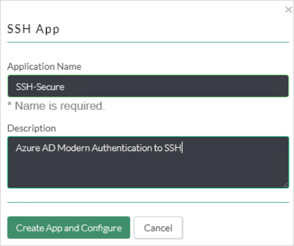 [SSH App]\(SSH アプリ\) ダイアログのスクリーンショット。[Application Name]\(アプリケーション名\) と [Description]\(説明\) の各設定が表示されている。