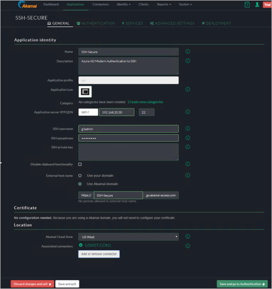 Akamai EAA コンソールの [General]\(全般\) タブのスクリーンショット。SSH-SECURE の [Application identity]\(アプリケーション ID\) 設定が表示されている。