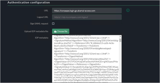 Akamai EAA コンソールの [Authentication configuration]\(認証構成\) のスクリーンショット。[URL]、[Logout URL]\(ログアウト URL\)、[Sign SAML Request]\(SAML 要求に署名する\)、[IDP Metadata File]\(IDP メタデータ ファイル\) の各設定が表示されている。