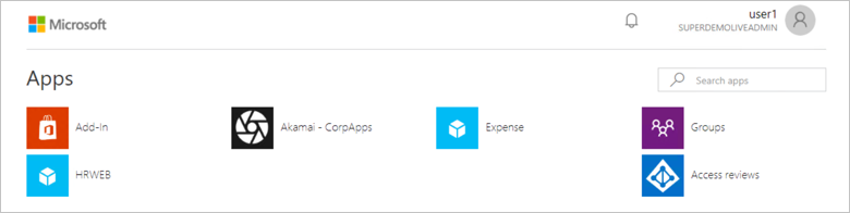 myapps.microsoft.com の [アプリ] ウィンドウのスクリーンショット。[アドイン]、[HRWEB]、[Akamai - CorpApps]、[経費]、[グループ]、[アクセス レビュー] のアイコンが表示されている。