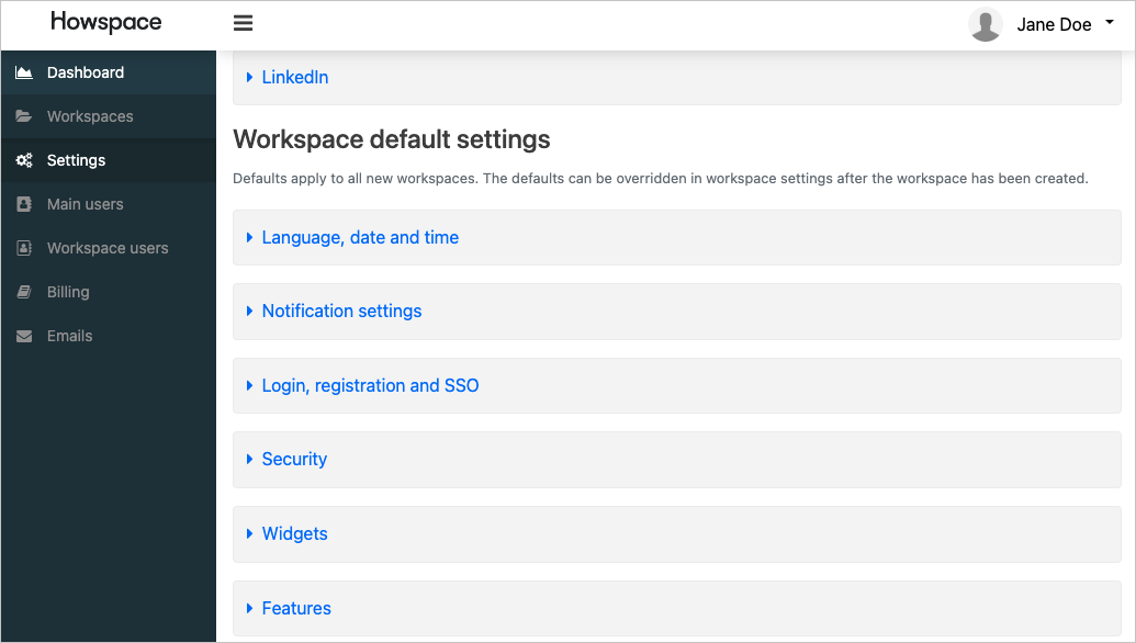 設定の一覧の [Workspace default settings] のスクリーンショット。