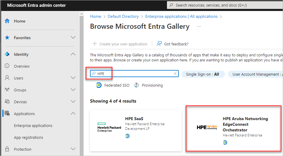 HPE Aruba Networking EdgeConnect Orchestrator を選択する方法を示すスクリーンショット。