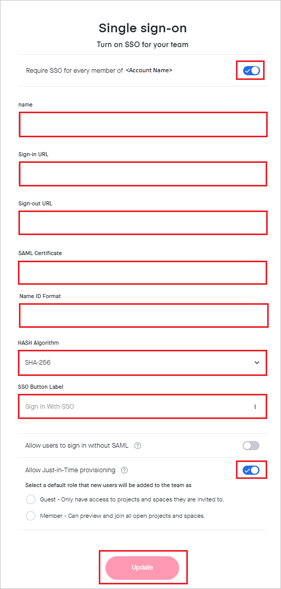 Screenshot shows the Single sign-on page where you enter the values in this step.