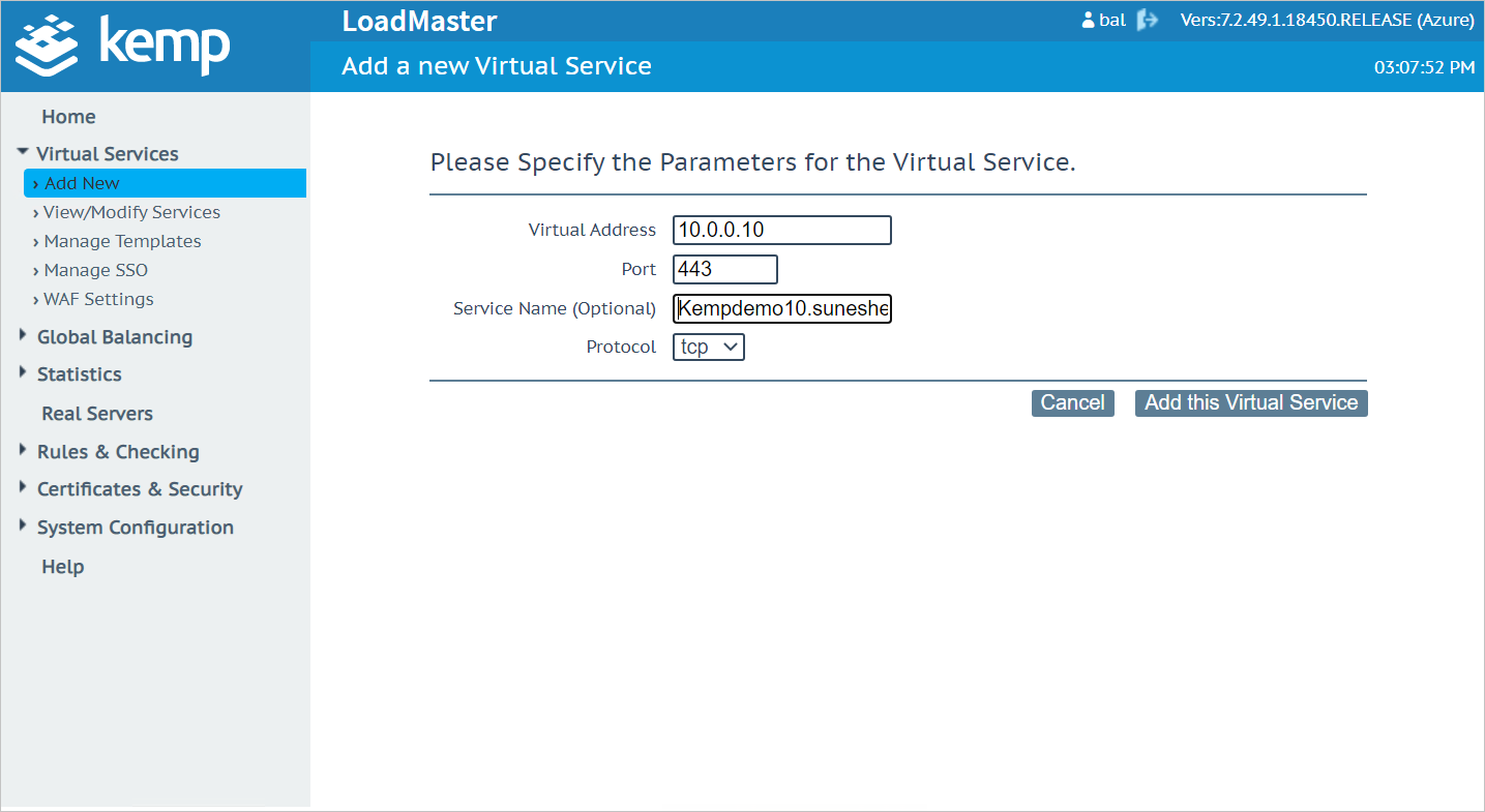 ボックスに例の値が設定されている [Please Specify the Parameters for the Virtual Service]\(仮想サービスのパラメーターを指定してください\) ページを示すスクリーンショット。