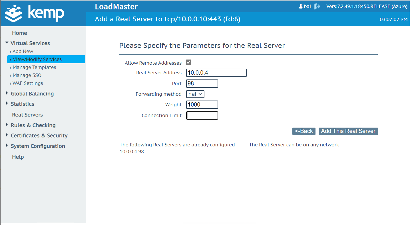 ボックスに例の値が設定されている [Please Specify the Parameters for the Real Server]\(Real Server のパラメーターを指定してください\) ページを示すスクリーンショット。