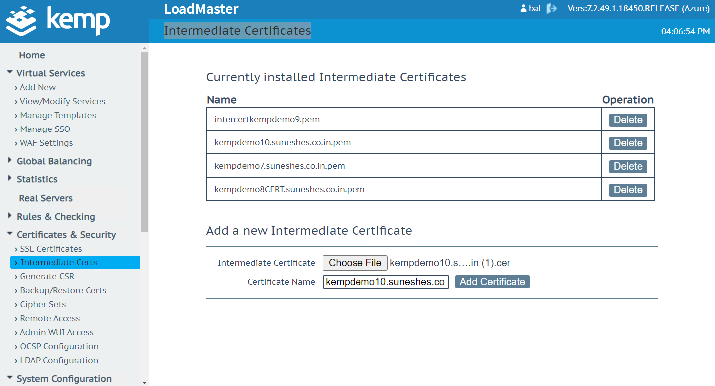 選択した証明書の例が選択されている [Currently installed Intermediate Certificates]\(現在インストールされている中間証明書\) セクションを示すスクリーンショット。