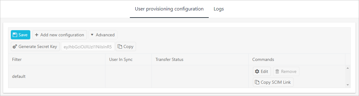 MediusFlow 管理コンソールの [User provisioning configuration]\(ユーザー プロビジョニングの構成\) タブのスクリーンショット。[保存] ボタンが強調表示されています。