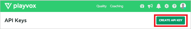 Playvox ユーザー インターフェイスの [API キーの作成] ボタンの場所を示す部分的なスクリーンショット。