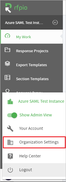 Screenshot shows Organization Settings selected.