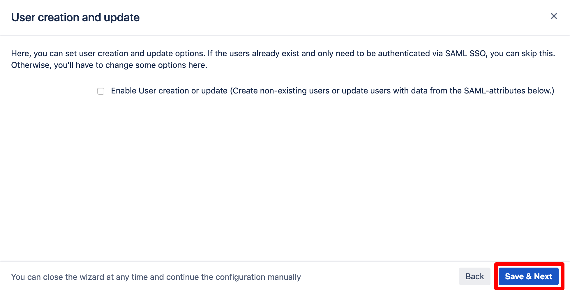 [User creation and update]\(ユーザーの作成と更新\) ページを示すスクリーンショット。[Next]\(次へ\) ボタンが選択されています。