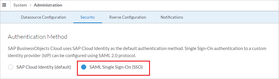 認証方法として [SAML Single Sign-On (SSO)]\(SAML シングル サインオン (SSO)\) を選択