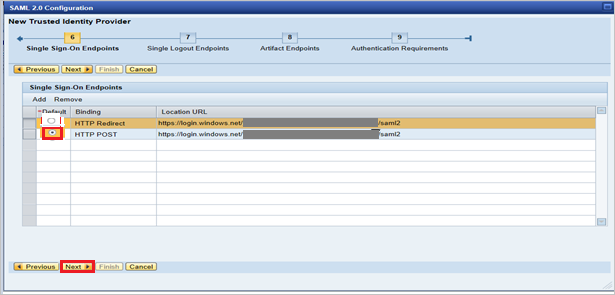 Single Sign-On Endpoints options in SAP