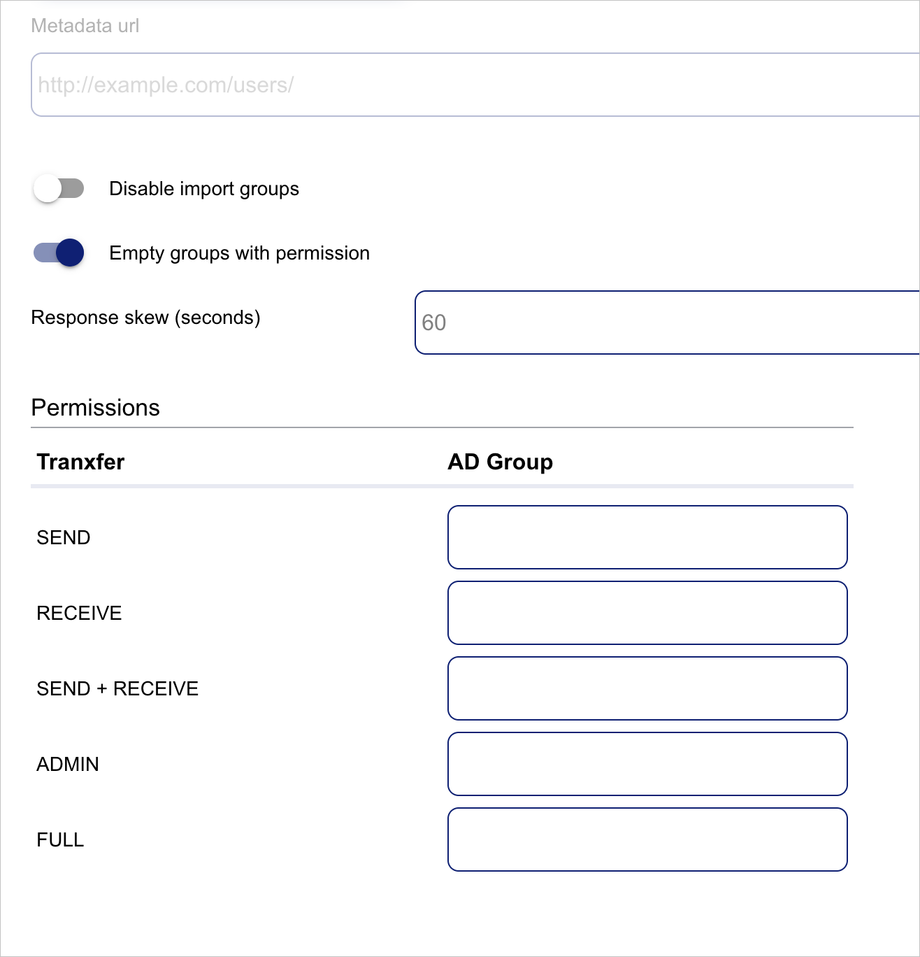 Tranxfer SAML の設定を示すスクリーンショット。