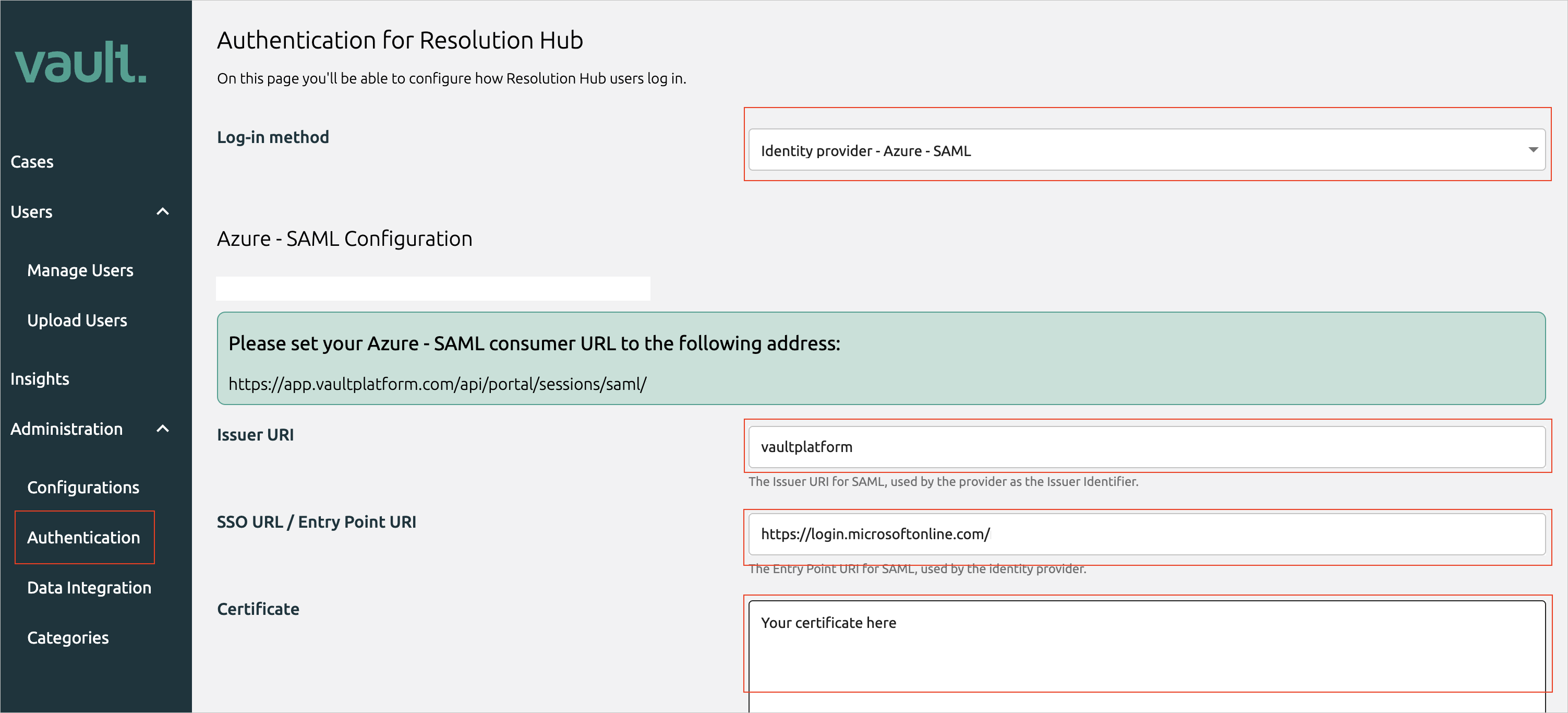 Vault Platform [Authentication]\(認証\) ページのスクリーンショット。