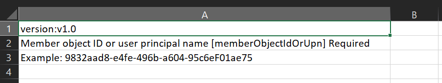 CSV ファイルにインポートするメンバーの名前と ID が含まれることを示すスクリーンショット。