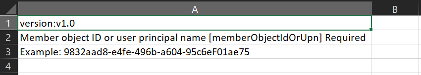 CSV ファイルに削除するグループ メンバーの名前と ID が含まれることを示すスクリーンショット。