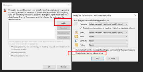 代理人は、Outlook でプライベートアイテムの設定を確認できます。