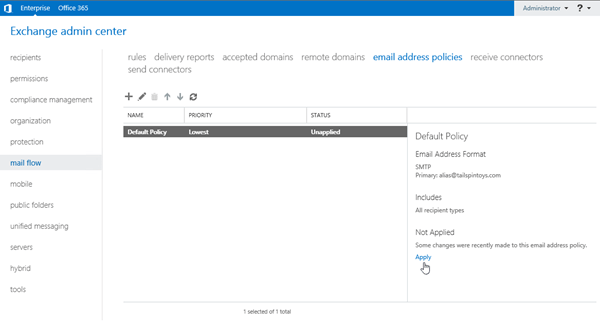 電子メール アドレス ポリシーの詳細ウィンドウの [適用] リンク。