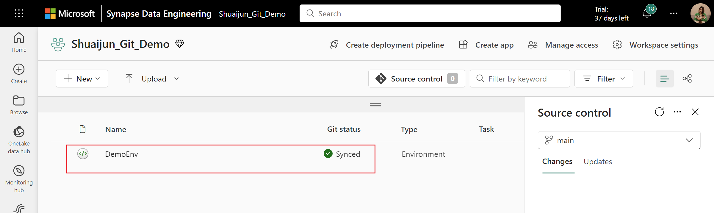 ワークスペースを Azure DevOps リポジトリに正常に接続したスクリーンショット。