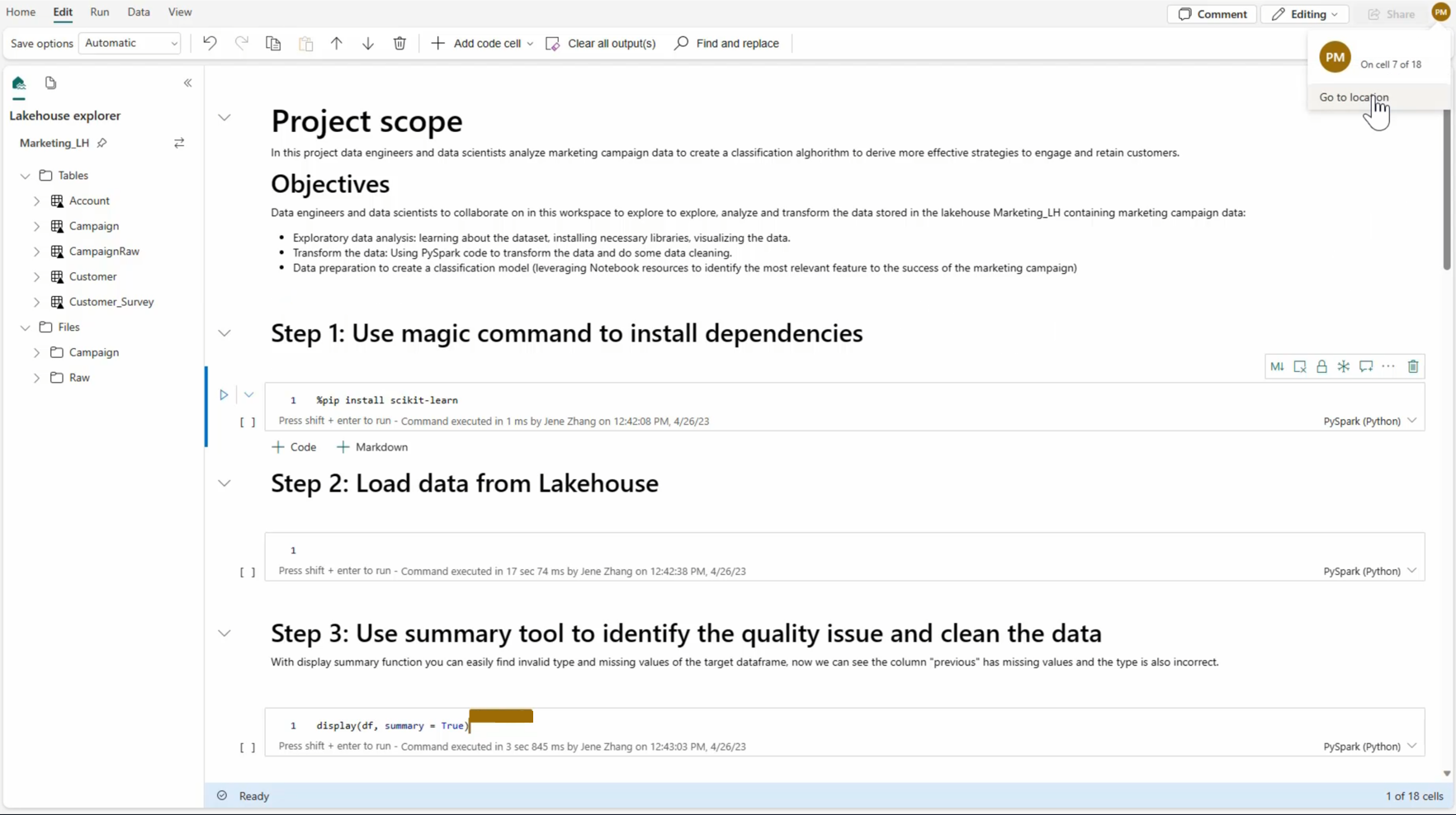 別のユーザーが編集しているコード セルを示すスクリーンショット。