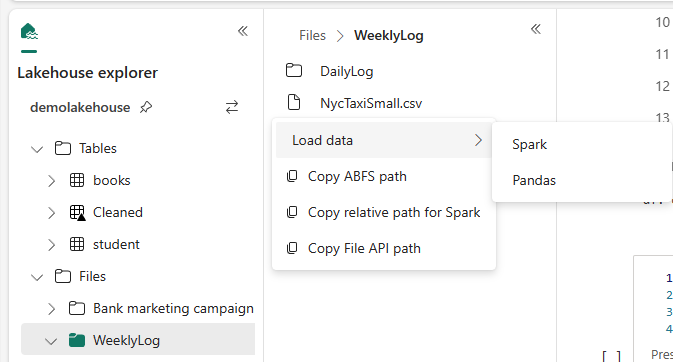 Lakehouse内のファイルのコンテキスト メニューを示すスクリーンショット。