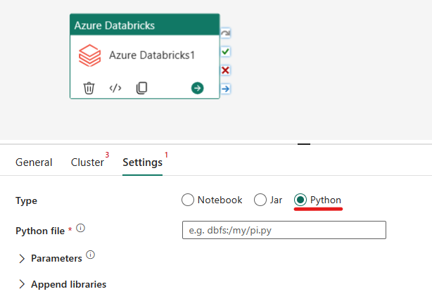 Azure Databricks アクティビティの Python の種類を示すスクリーンショット。