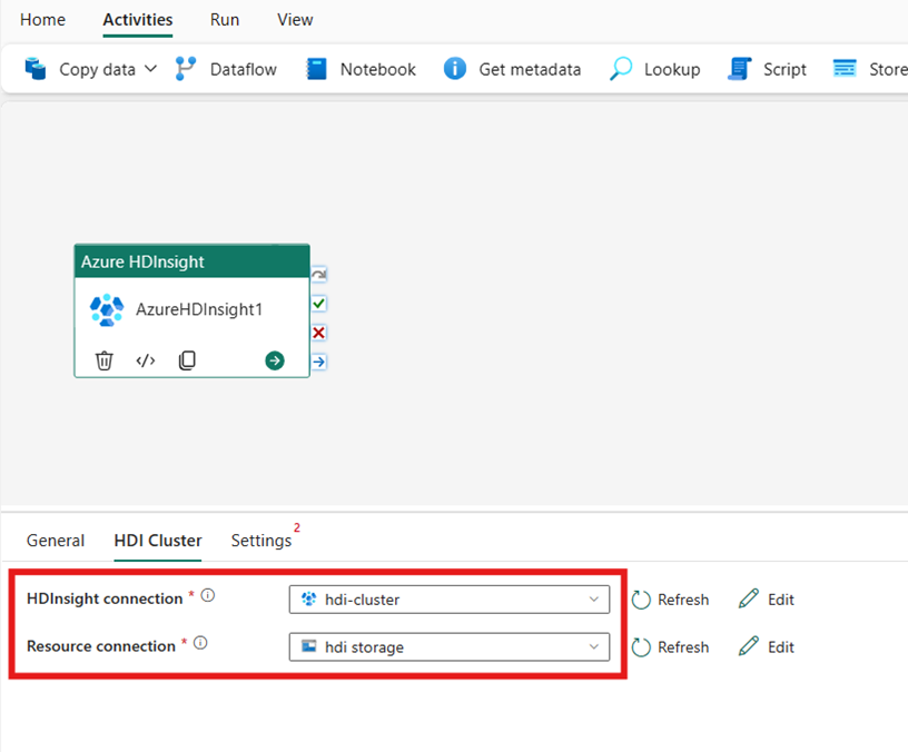 Azure HDInsight アクティビティの HDI クラスターのプロパティを示すスクリーンショット。