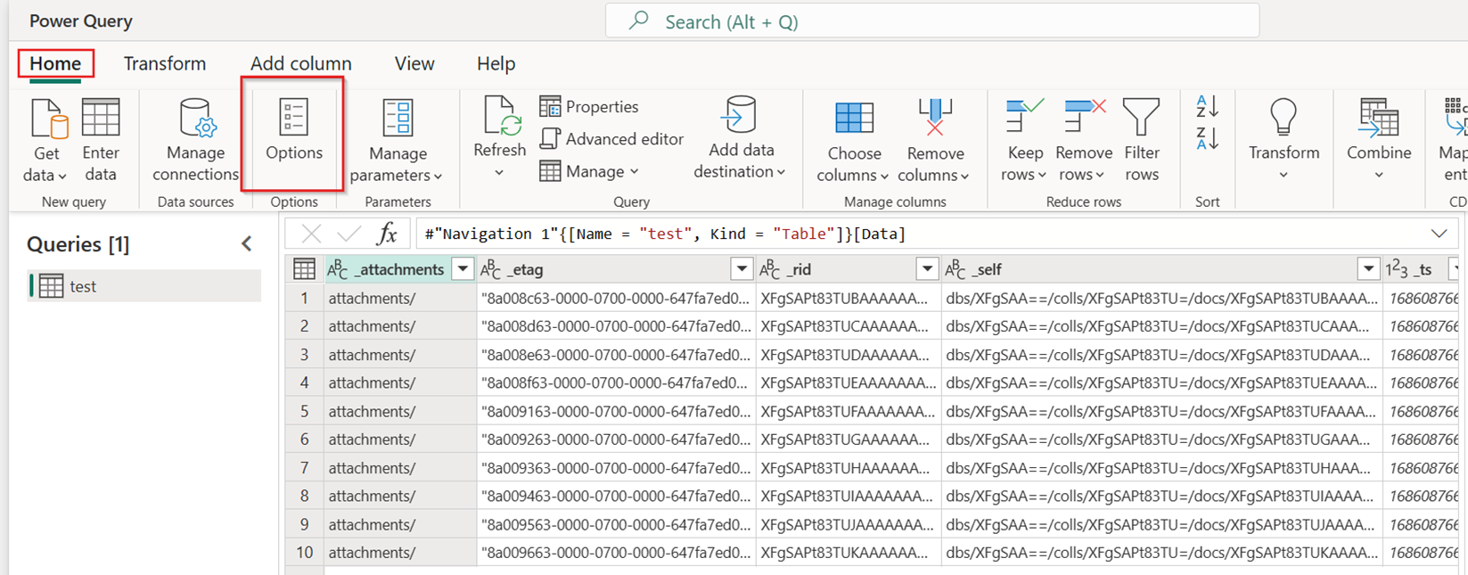 [ホーム] タブで Dataflow Gen2 の [オプション] を選択する位置を示すスクリーンショット。