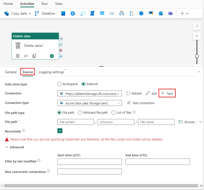 Screenshot showing the Delete data activity Source tab highlighted, and highlighting where to create a new connection.