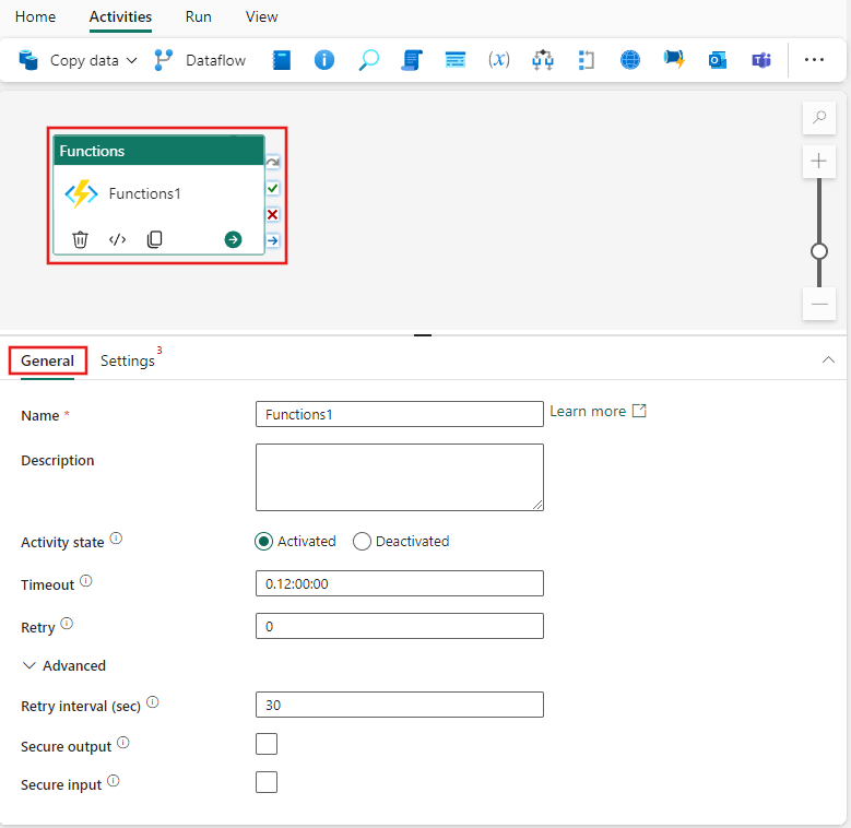 Screenshot showing the General settings tab of the Functions activity.