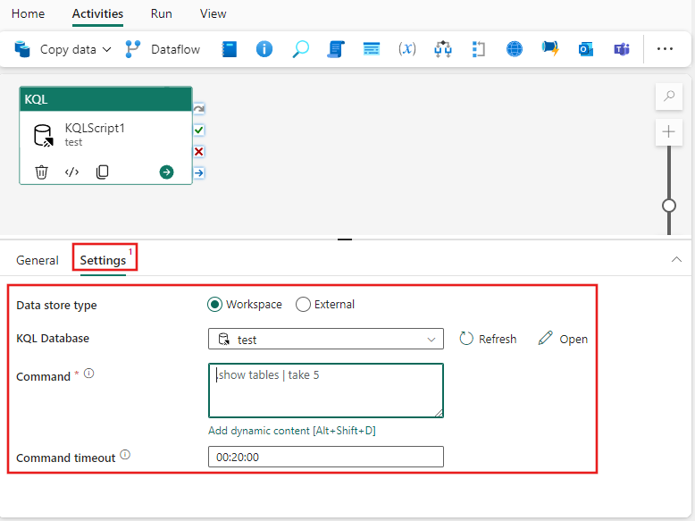 Screenshot showing the Settings tab of the KQL activity highlighting the Command property and showing where its Add dynamic content link appears.