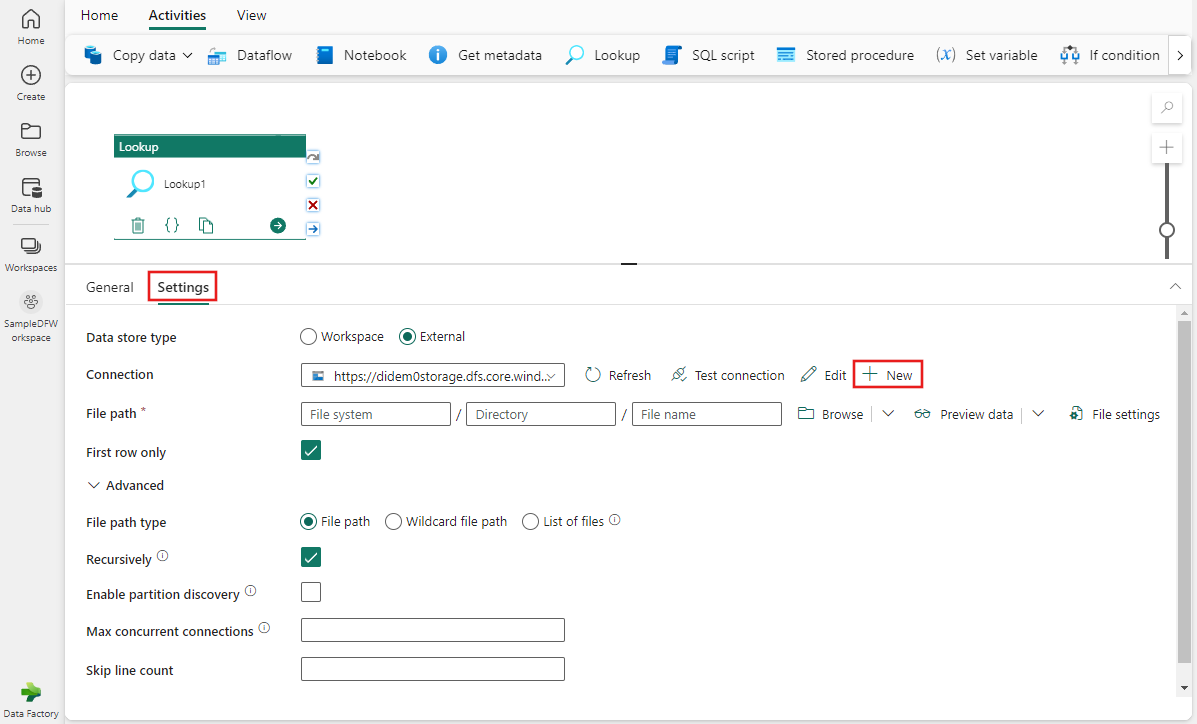 Screenshot showing the Lookup activity settings tab highlighting the tab, and where to choose a new connection.