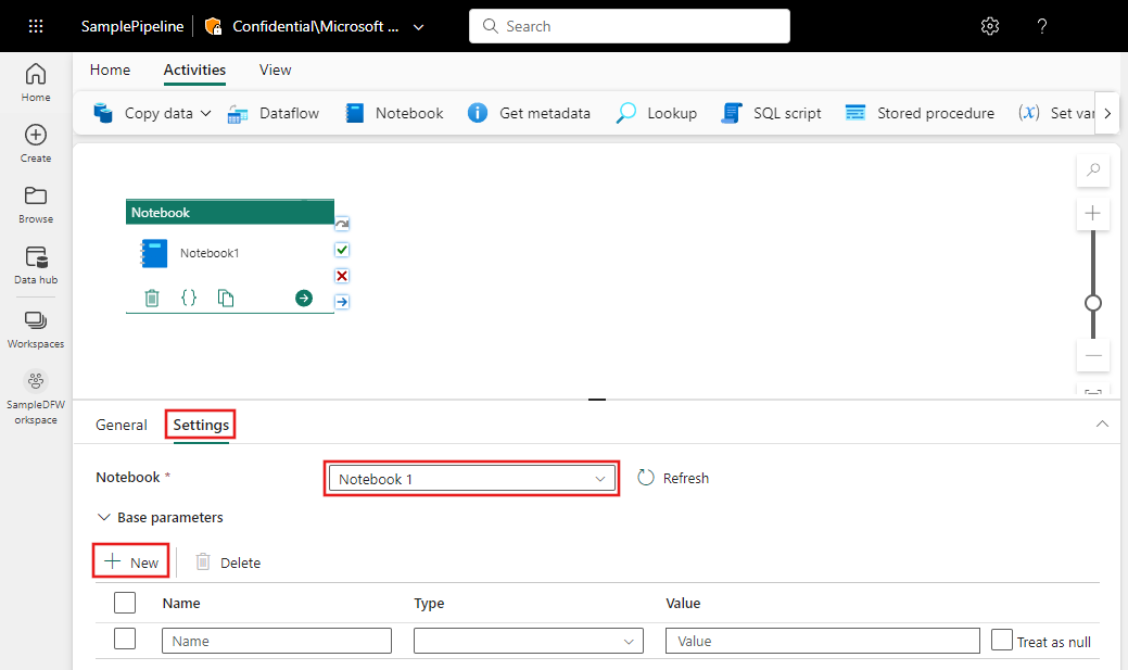 Screenshot showing the Notebook settings tab highlighting the tab, where to choose a notebook, and where to add parameters.