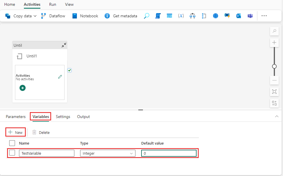 Screenshot showing the pipeline Variables tab with a variable added called TestVariable, having its value set to 0.