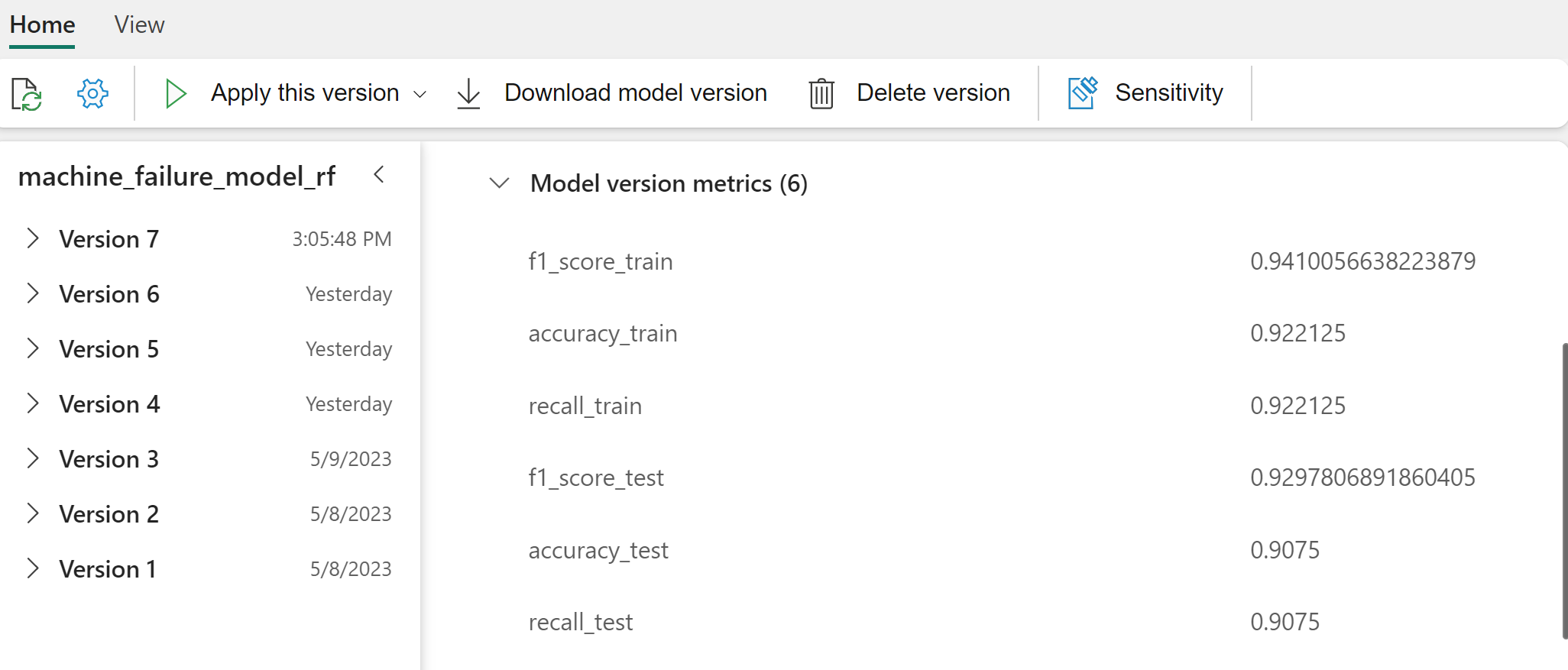 Screenshot of performance details for models.