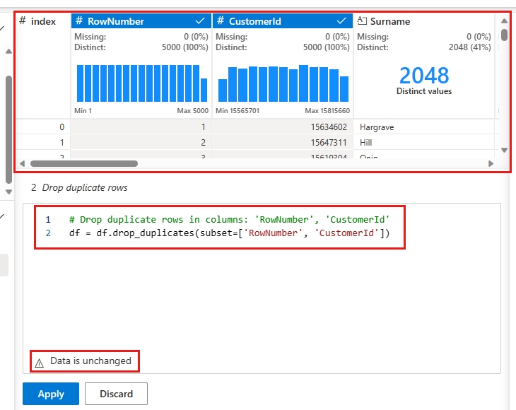 Data Wrangler で重複する行をドロップする方法を示したスクリーンショット。