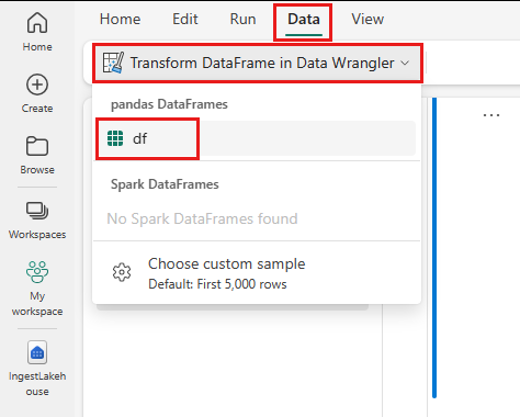 ノートブックから Data Wrangler を起動する方法を示したスクリーンショット。