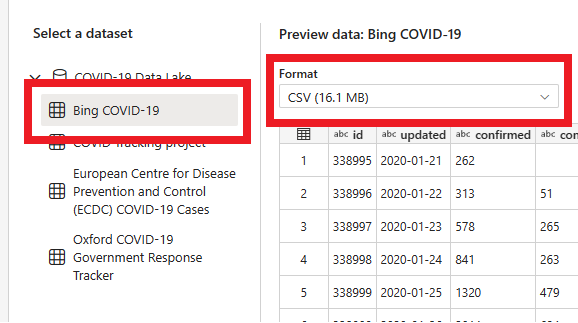 COVID-19 サンプルのさまざまなデータセット オプション、ファイル形式、データのプレビューを表示するグリッドを示すスクリーンショット。