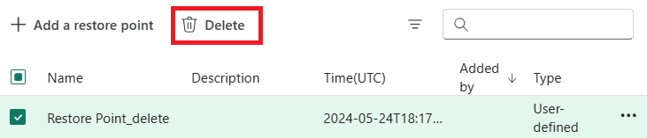 復元ポイントを削除する設定の ファブリック ポータルのスクリーンショット。