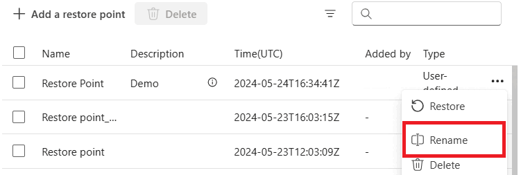 復元ポイントの名前を変更する設定の ファブリック ポータルのスクリーンショット。