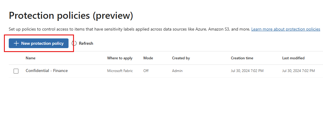 [+ 新しい保護ポリシー] ボタンが強調表示されている [保護ポリシー] ページのスクリーンショット。