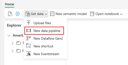 UI から [新しいデータ パイプライン] オプションを選択する方法を示すスクリーンショット。