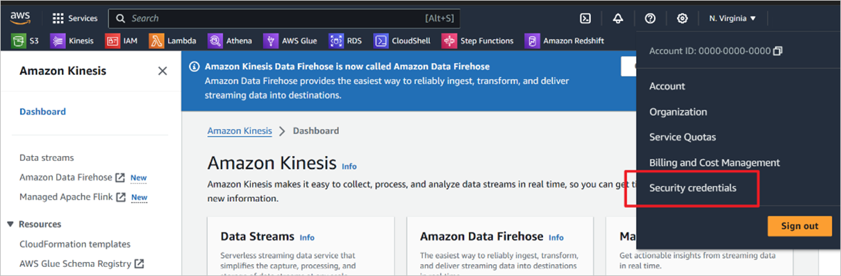 AWS Kinesis のセキュリティ資格情報にアクセスする方法のスクリーンショット。