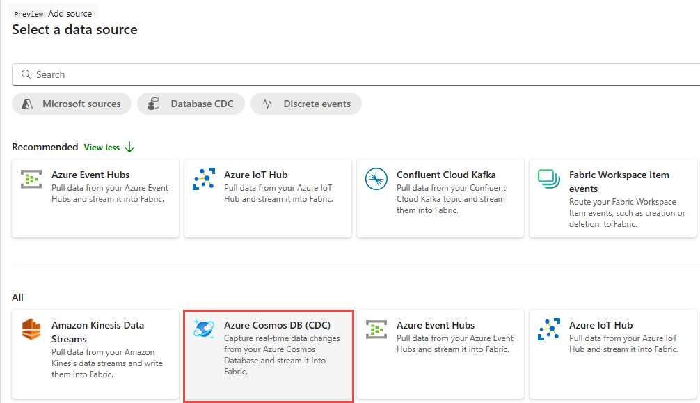 [データソースの選択] 画面で、[Azure Cosmos DB (CDC)] を選択するところを示すスクリーンショット。