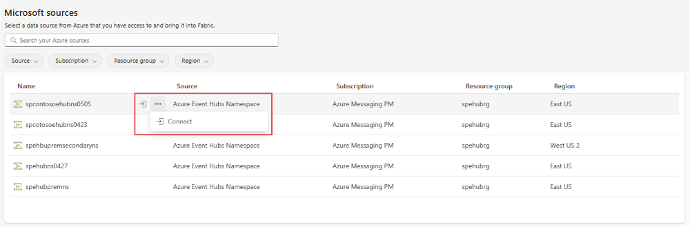 イベント ハブを表示するためのフィルターと、イベント ハブの [接続] ボタンが表示された [Microsoft ソース] タブを示すスクリーンショット。